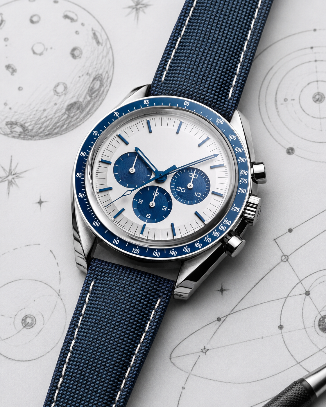 Relógio Cronógrafo Lunar Branco e Azul, 42 mm