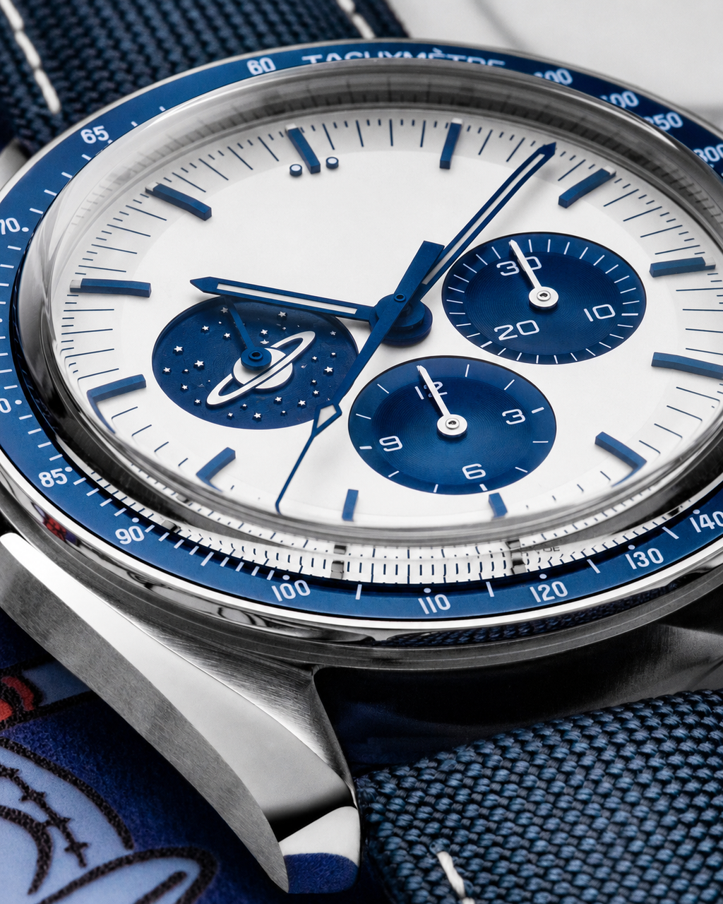 Relógio Cronógrafo Lunar Branco e Azul, 42 mm