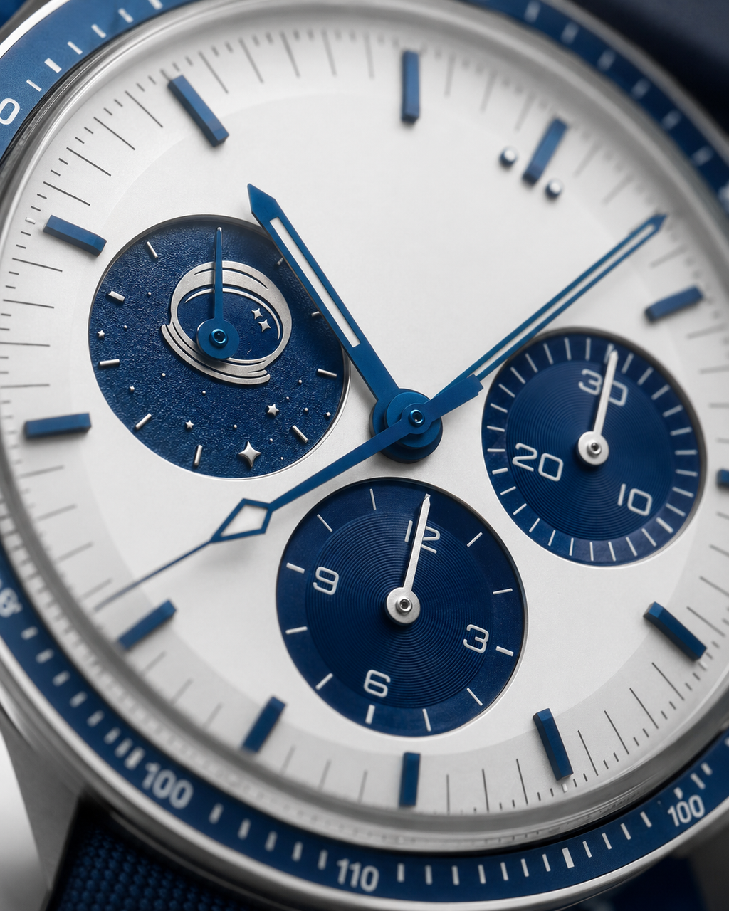 Relógio Cronógrafo Lunar Branco e Azul, 42 mm