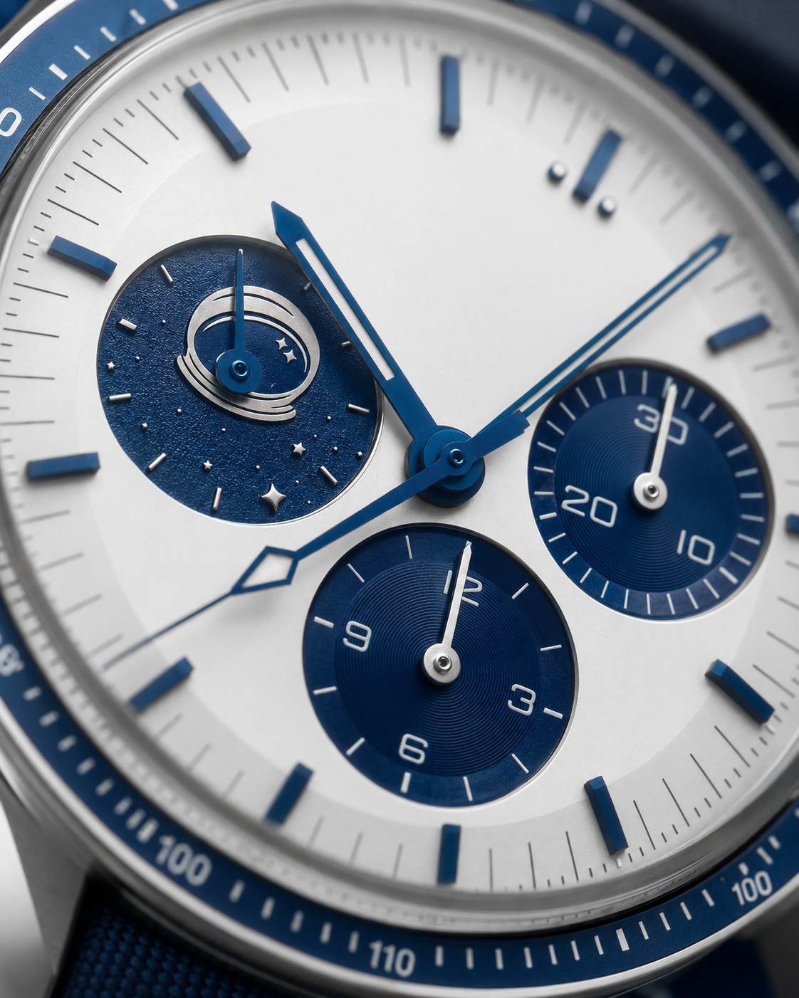Relógio Cronógrafo Lunar Branco e Azul, 42 mm