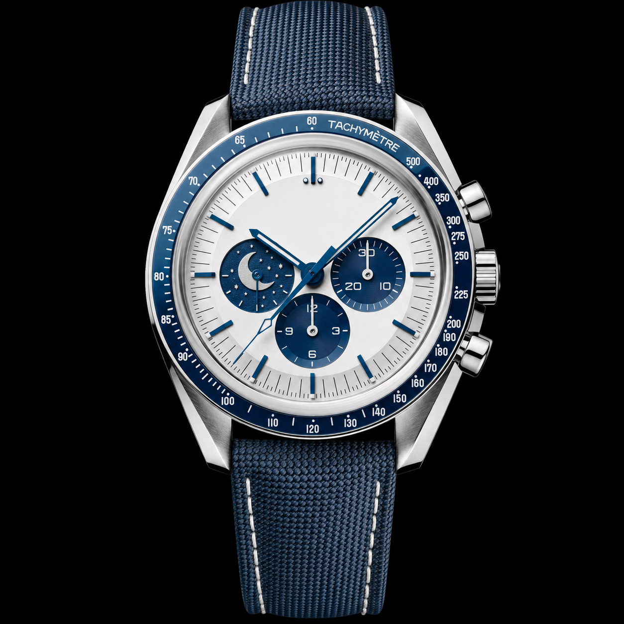 Relógio Cronógrafo Lunar Branco e Azul, 42 mm