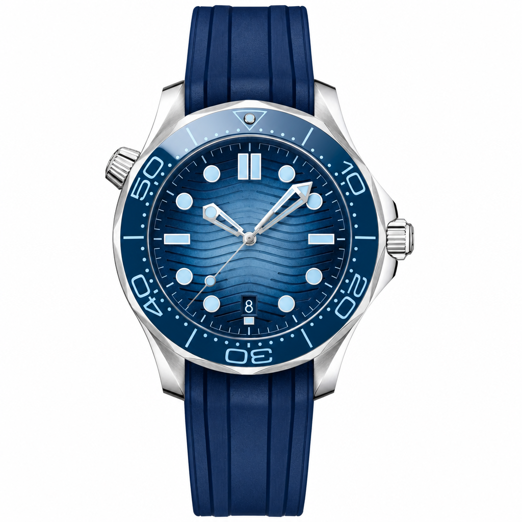 42mm Blue Dial Sport Diver Watch with rubber strap front view
