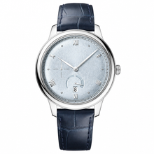Relógio social com mostrador prateado e pulseira de couro azul, 41 mm