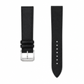 Black leather watch strap with silver buckle on white background