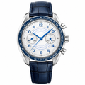 Chronograph watch with silver case, white and blue dial, and blue leather strap, front view