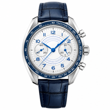 Relógio cronógrafo com pulseira de couro azul, 43 mm