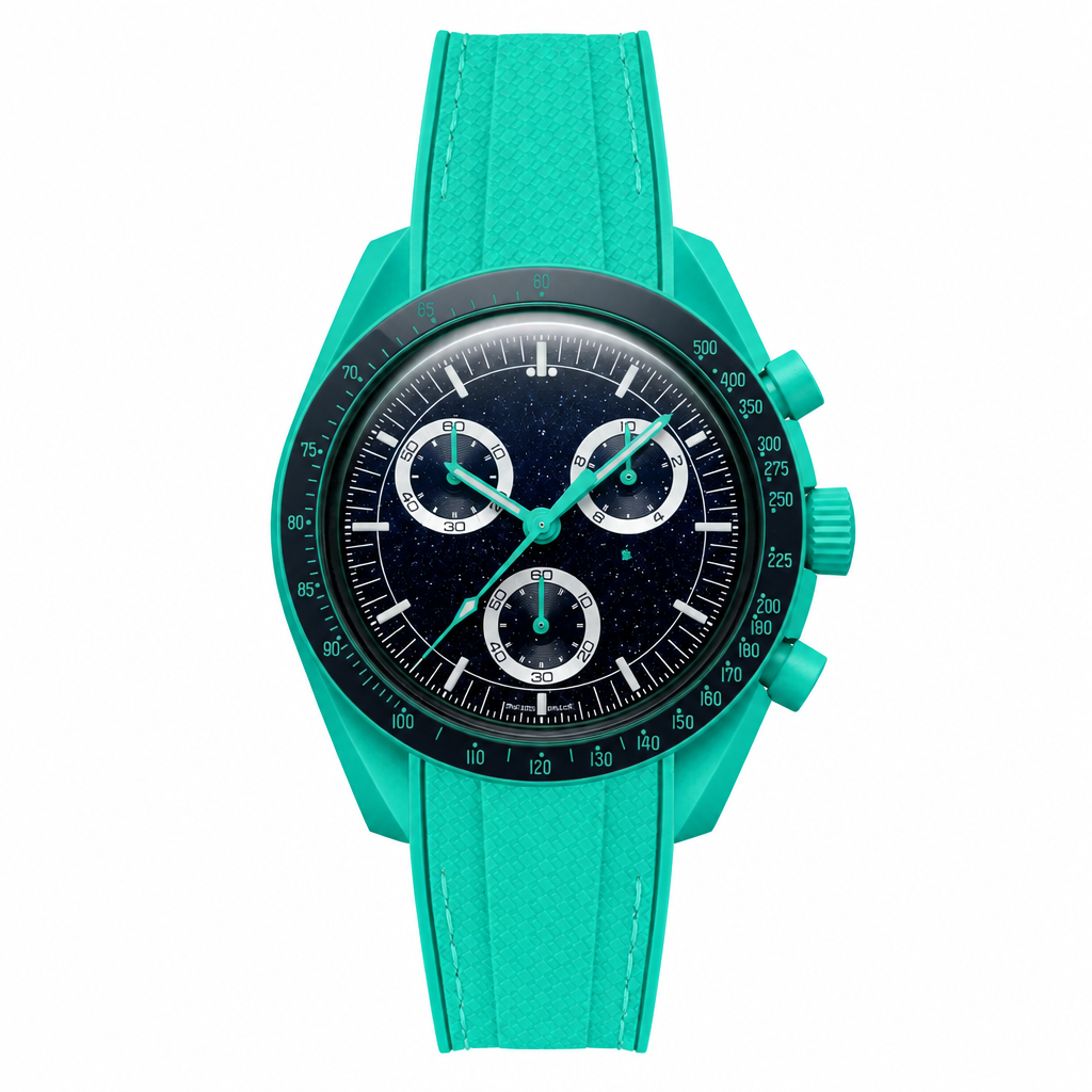 Turquoise sport chronograph watch with rubber strap and starry black dial product photo