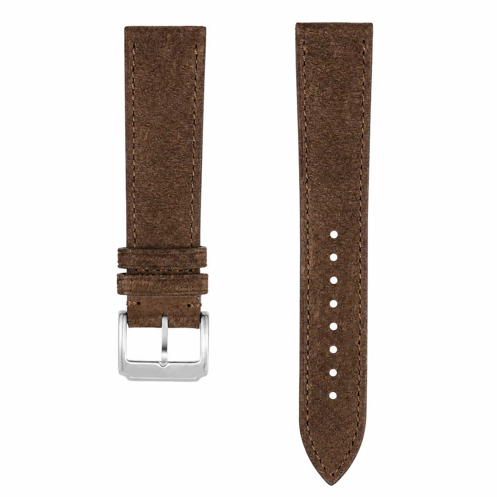 Brown suede leather watch strap with stainless steel buckle on a white background