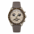 Chronograph watch with beige dial and gray leather strap on white background