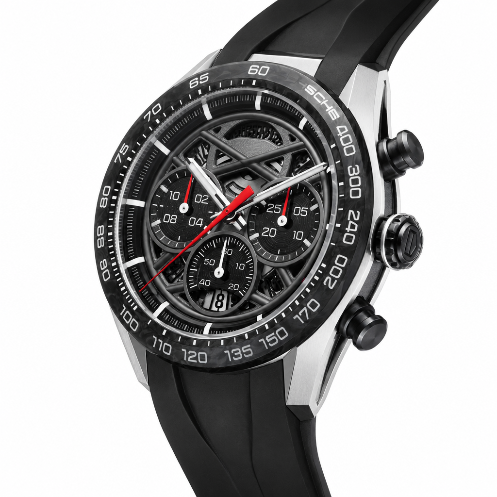 Sport chronograph watch with black skeleton dial, carbon fiber bezel, brushed silver-tone case, and black rubber strap
