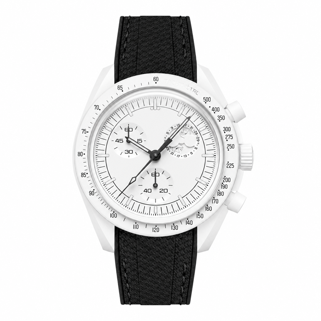Sport chronograph watch with white case and black rubber strap