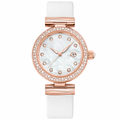 Women's dress watch with rose gold-tone case, mother-of-pearl dial, and white fabric strap