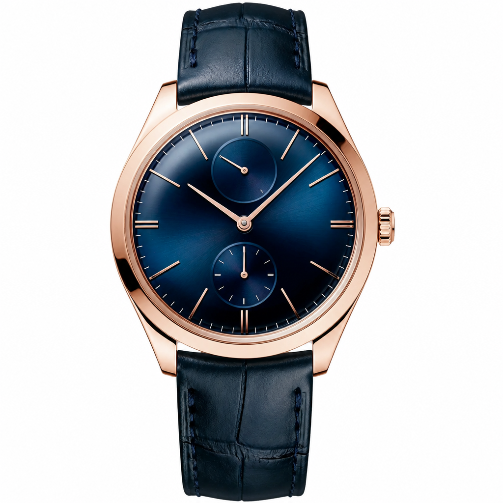 Rose gold tone dress watch with blue dial and leather strap 40mm