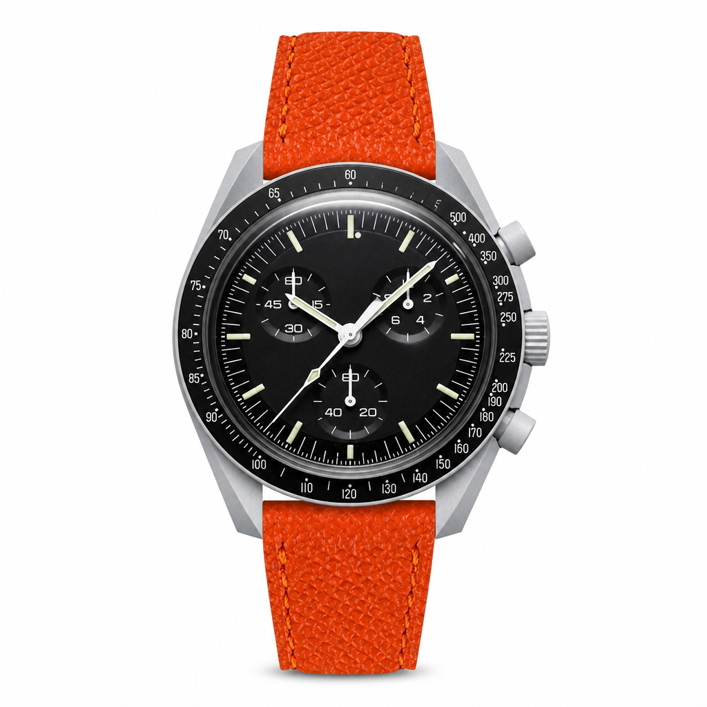 Sport chronograph watch with black dial and orange leather strap on white background