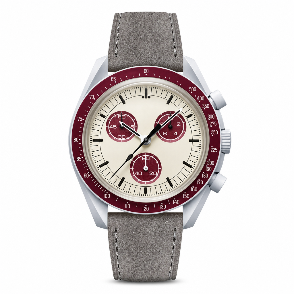 Sporty chronograph watch with beige dial, burgundy bezel, and gray suede leather strap on white background