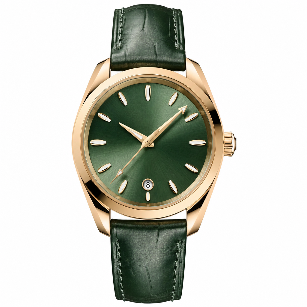 Casual dress watch with green dial, rose gold tone case, and green leather strap, 38mm