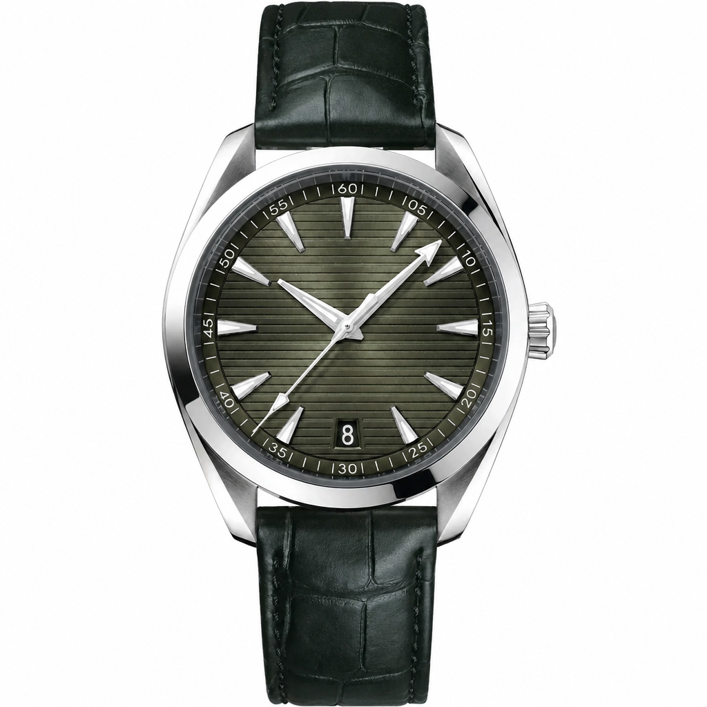 Dress watch with dark green dial and leather strap, 41mm case