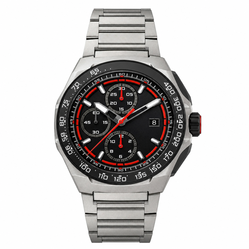 Sport chronograph watch with black dial and silver metal bracelet on white background