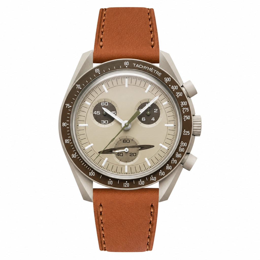 Chronograph watch with beige dial and brown leather strap on white background