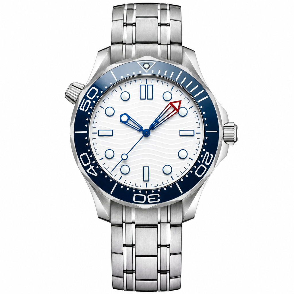 Sport watch with white dial and blue markers on silver metal bracelet, 42mm size
