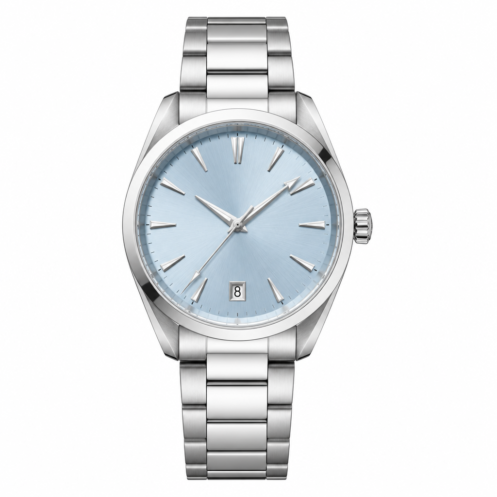 classic wristwatch with light blue dial and silver metal bracelet on white background