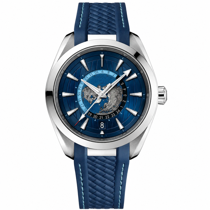 Relógio esportivo com função de hora mundial e pulseira de borracha azul, 43 mm
