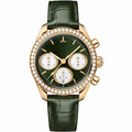 Chronograph watch with gold case, green dial, white subdials, and green leather strap on white background