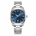 classic stainless steel watch with blue dial and date window