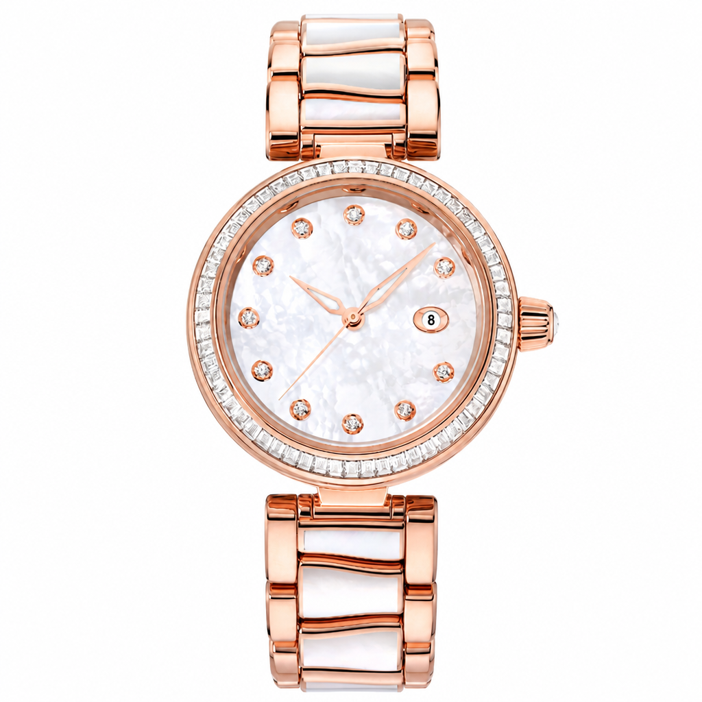 Women's rose gold-tone dress watch with white mother-of-pearl dial and crystal hour markers