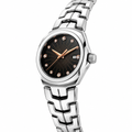 Women's silver-tone dress watch with black dial and crystal hour markers