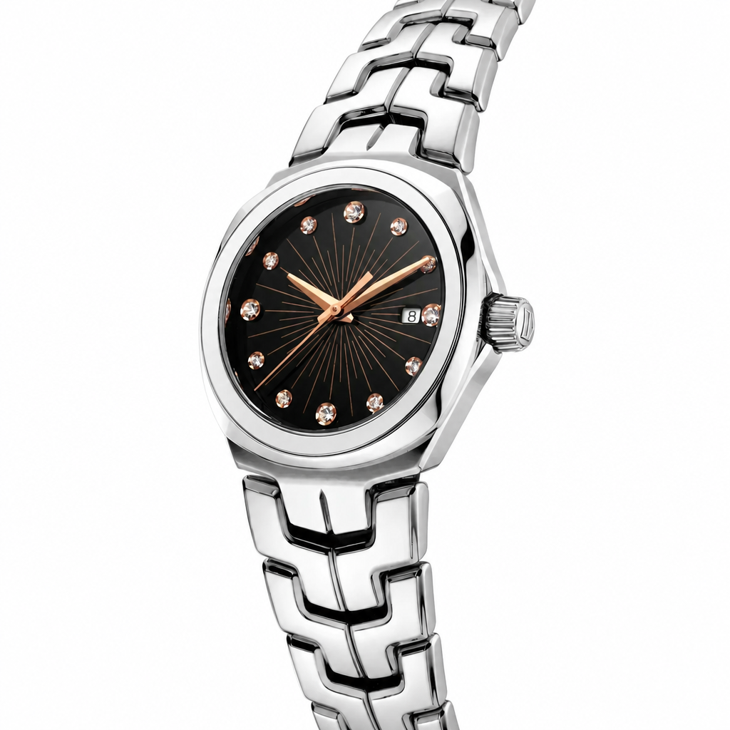Women's silver-tone dress watch with black dial and crystal hour markers