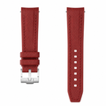 Burgundy rubber watch strap with silver buckle on white background