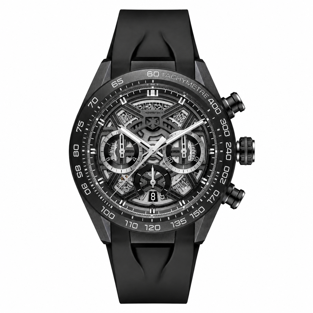 Sport chronograph watch with black rubber strap and dark mechanical dial on white background