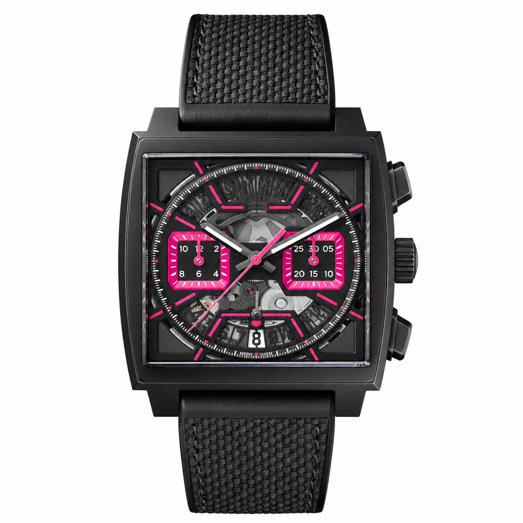 Black sport chronograph watch with pink accents and fabric strap on white background