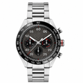 Chronograph watch with dark gray dial and stainless steel bracelet on white background