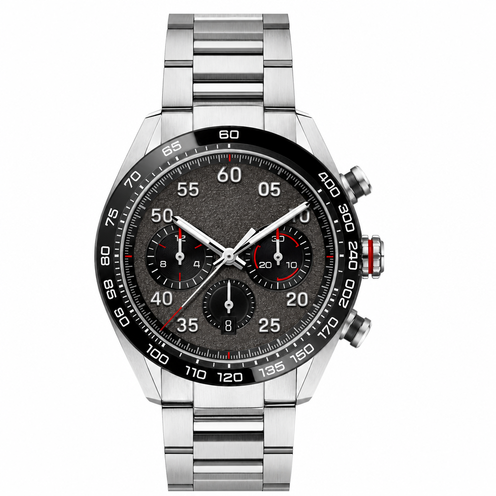 Chronograph watch with dark gray dial and stainless steel bracelet on white background