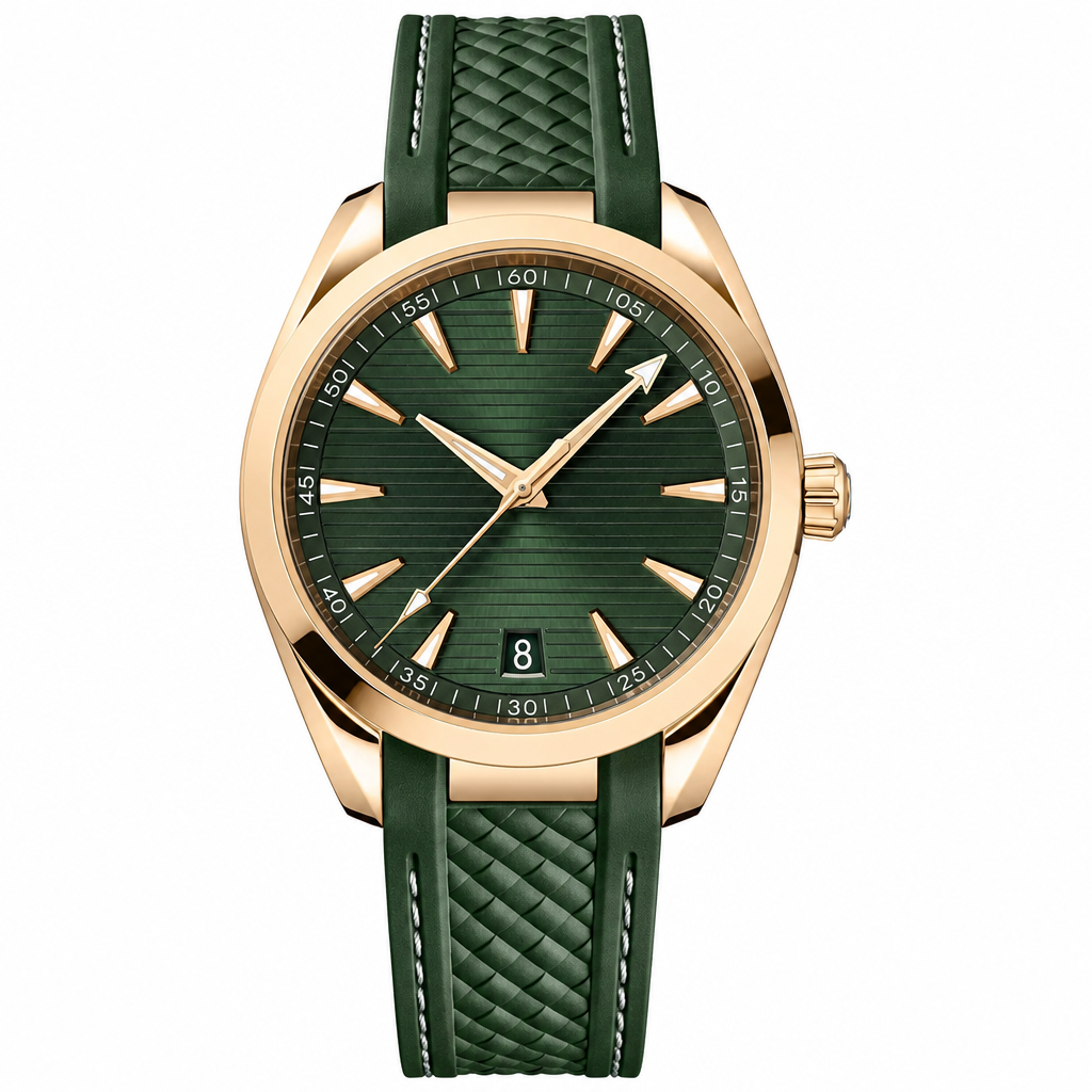 Gold-tone watch with green dial and green rubber strap 41mm