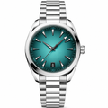 Dress watch with teal dial and silver metal bracelet, 41mm size