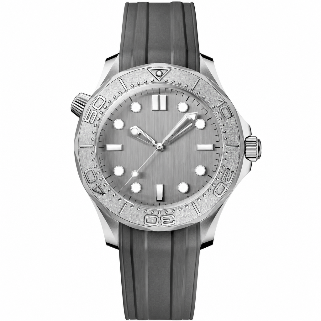Diver style watch with gray dial, silver bezel, and gray rubber strap