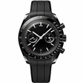 Chronograph sport watch with black dial, black rubber strap, and black case on white background