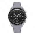 Chronograph sport watch with black dial and gray textured rubber strap on white background