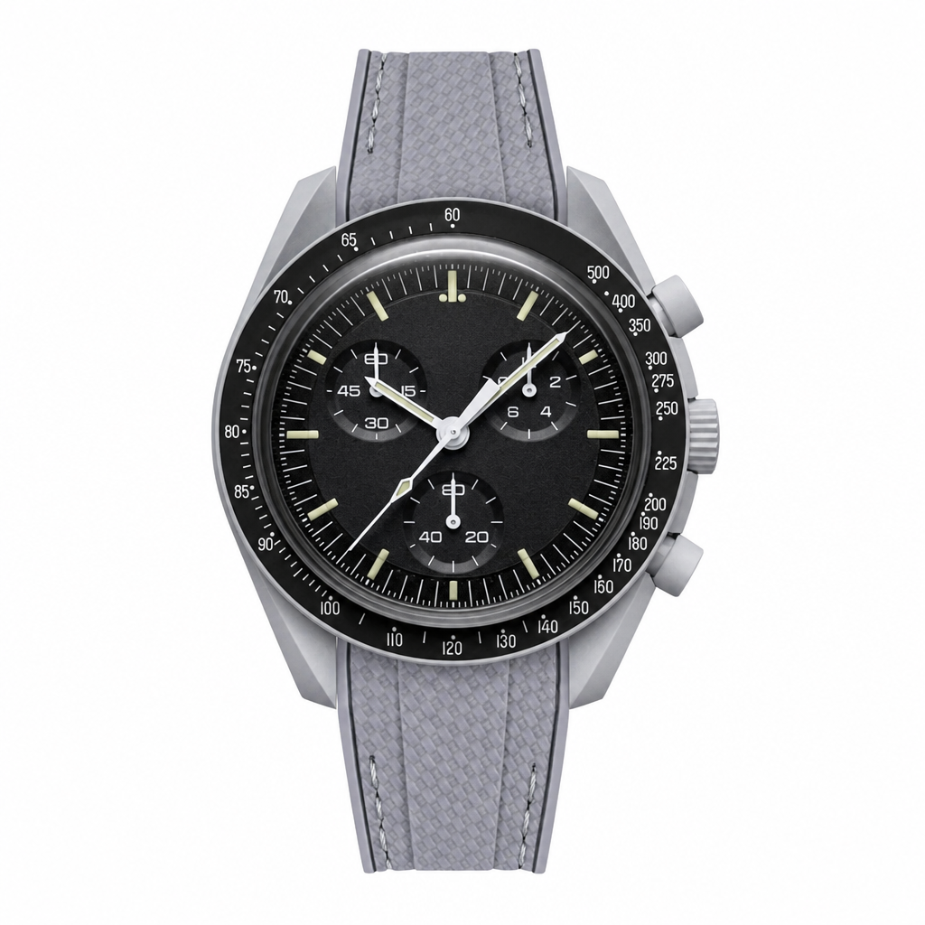 Chronograph sport watch with black dial and gray textured rubber strap on white background