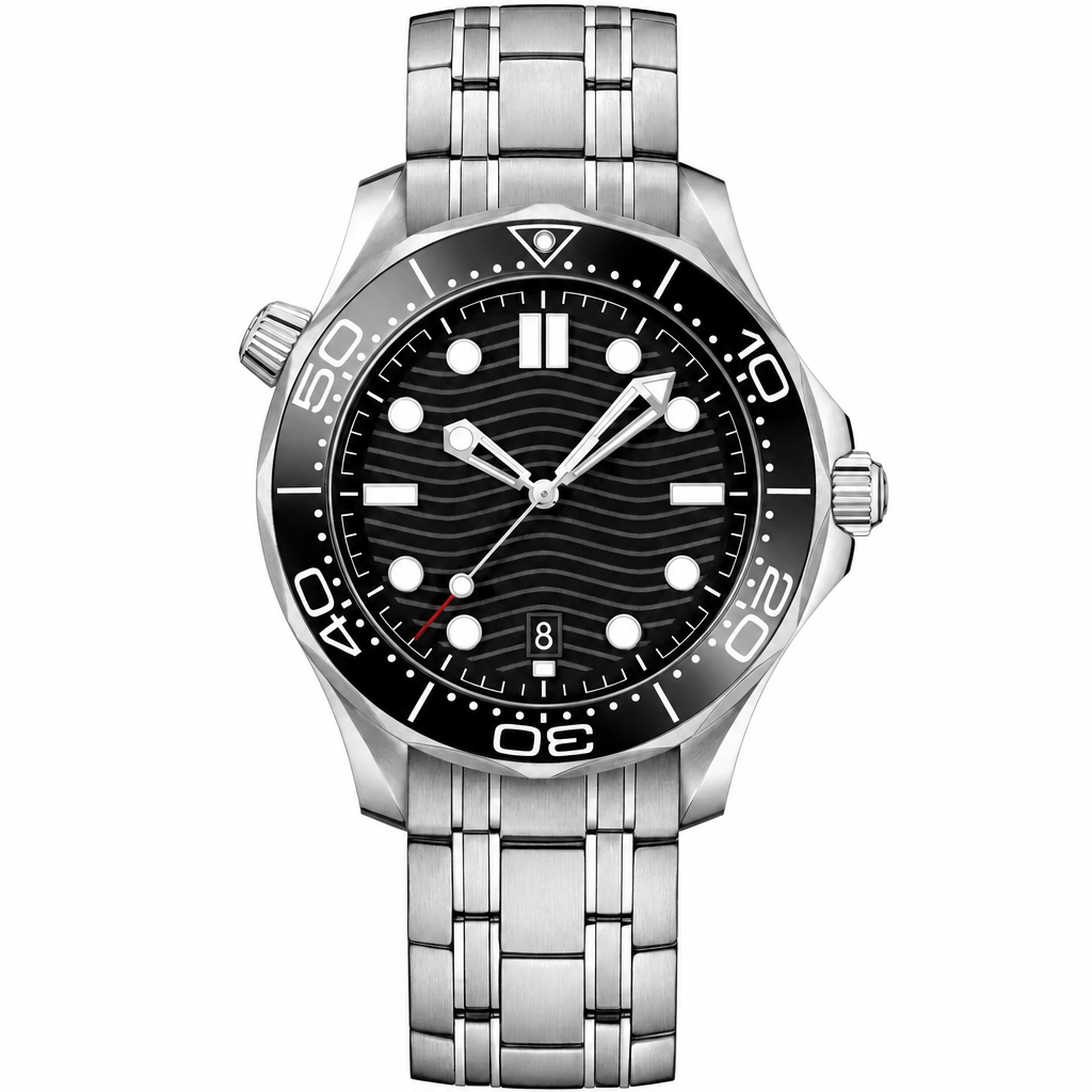 classic diver watch with black dial and stainless steel bracelet, 42mm case size
