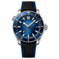 Blue dial diver-style watch with fabric strap and blue bezel 46mm