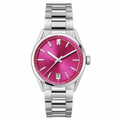 Dress watch with magenta dial and silver metal bracelet on white background