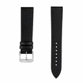 Black leather watch strap with silver buckle on white background
