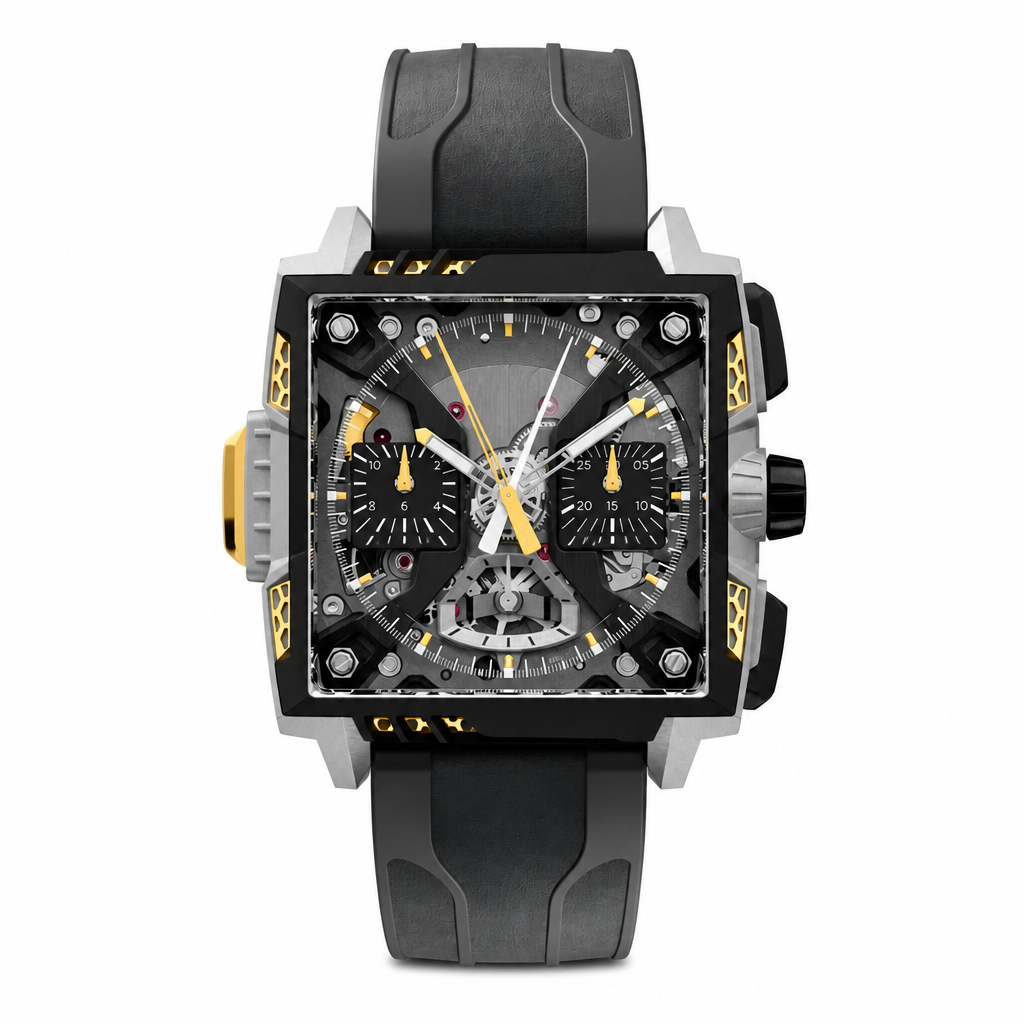 Square sport chronograph watch with black dial, yellow accents, and black rubber strap on white background