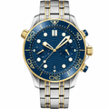 Two-tone diver chronograph watch with blue dial and gold accents, 44mm size