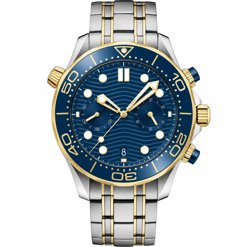 Two-tone diver chronograph watch with blue dial and gold accents, 44mm size
