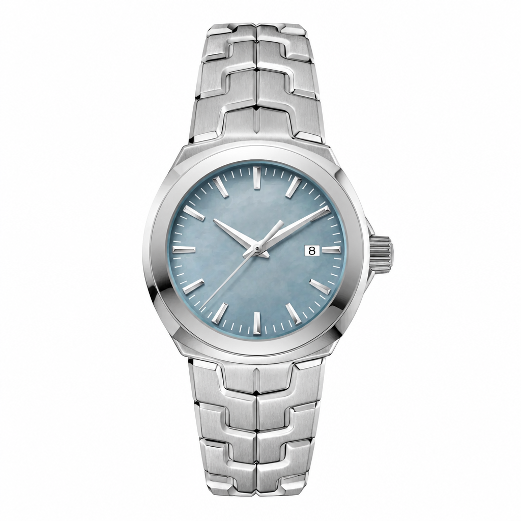 Metal dress watch with light blue dial and silver metal strap on white background